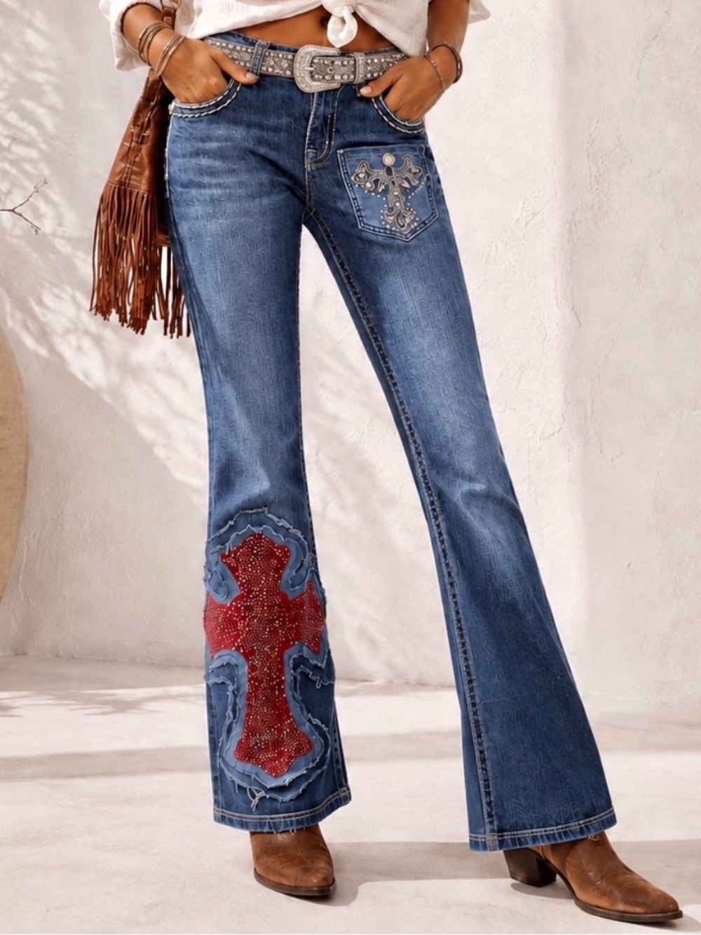 Miss Me OOAK Reworked Rhinestone Red Cross Patch Bootcut Boho Western Jeans 29